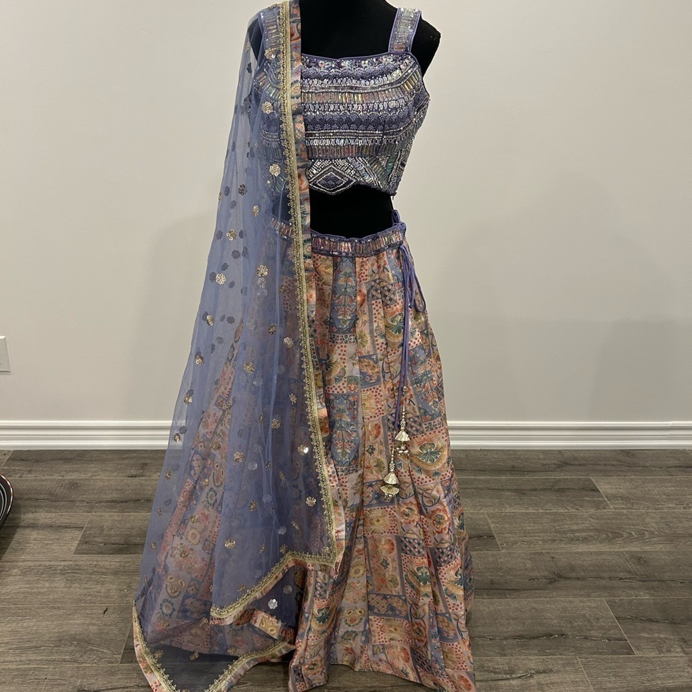 Embellished Lavender-Blue & Multicolor Lehenga Choli Set + Dupatta